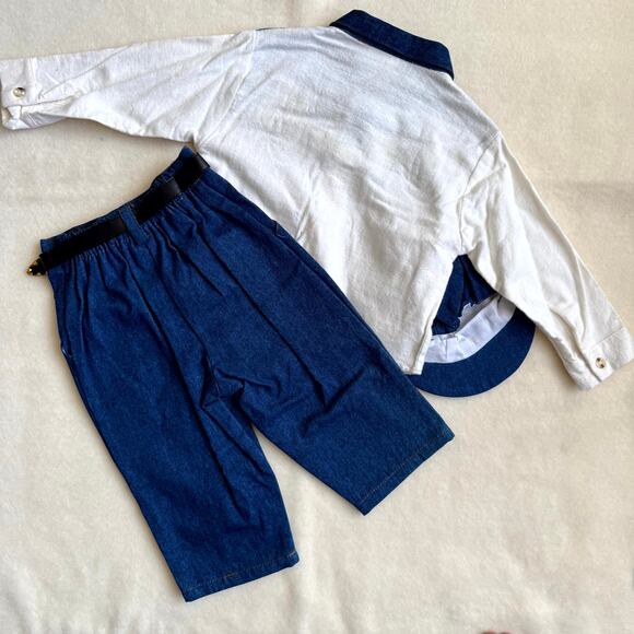 Vintage 90s MGM Kid's Fashion 3-Piece Pants Set Boys 12M Plaid Patchworks Denim - Picture 3 of 13